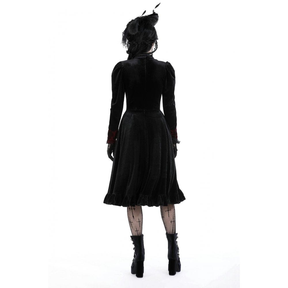 Darkinlove Women's Gothic Puff Sleeved Stand Collar Velvet Dress