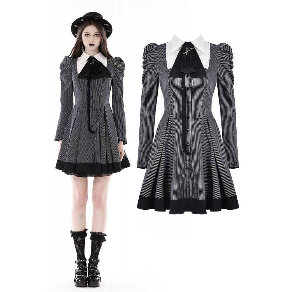 Darkinlove Women's Gothic Puff Sleeved Striped Dress