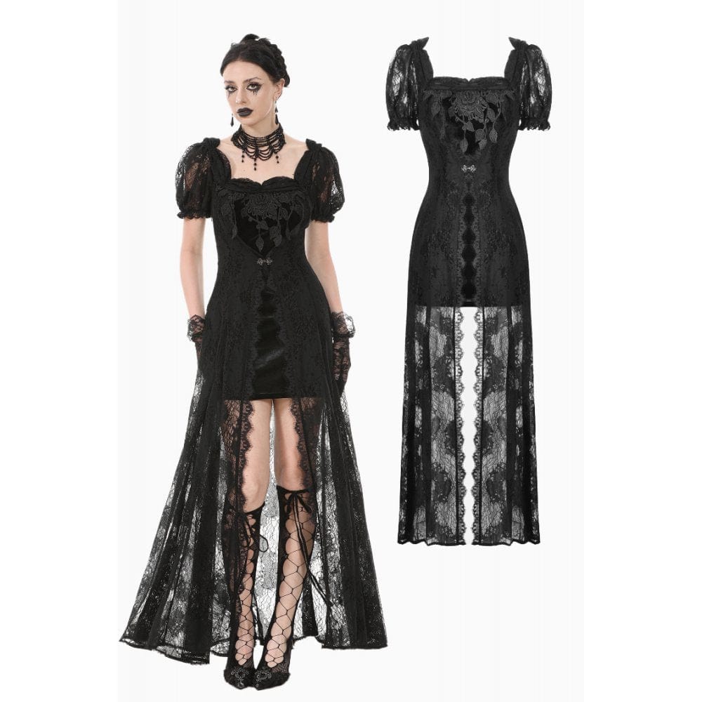 Darkinlove Women's Gothic Puff Sleeved Two-piece Lace Maxi Dress