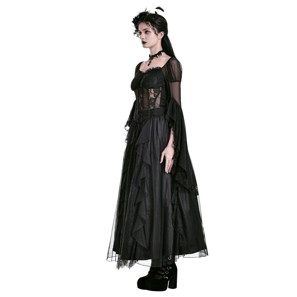 Darkinlove Women's Gothic Retro Ruffle Layered Lace Mesh Maxi Skirt