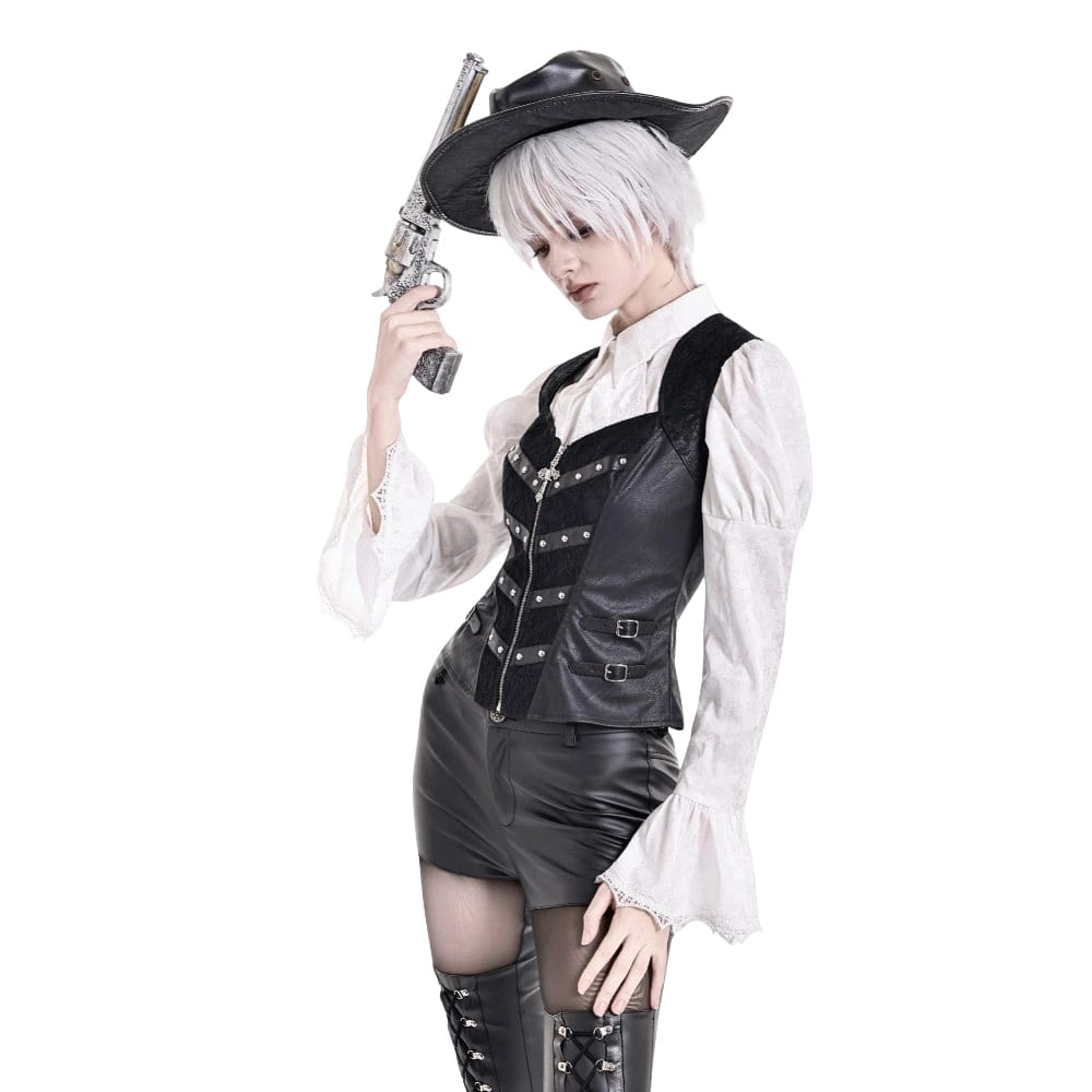 Darkinlove Women's Gothic Rivet Buckle Strap Zipper Vest