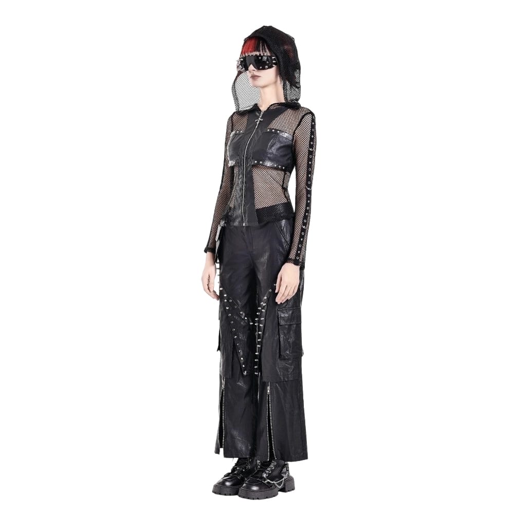Darkinlove Women's Gothic Rivet Zipper Hooded Long Sleeve Mesh Top