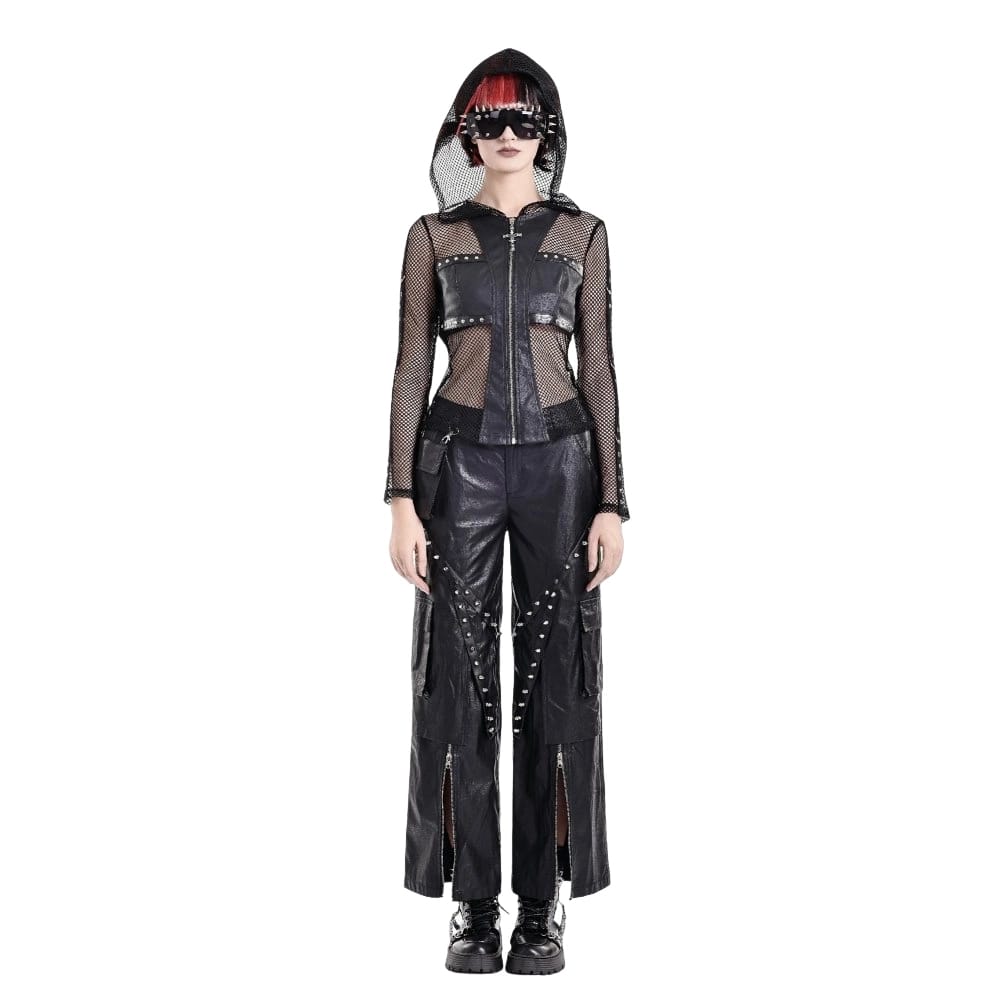 Darkinlove Women's Gothic Rivet Zipper Hooded Long Sleeve Mesh Top