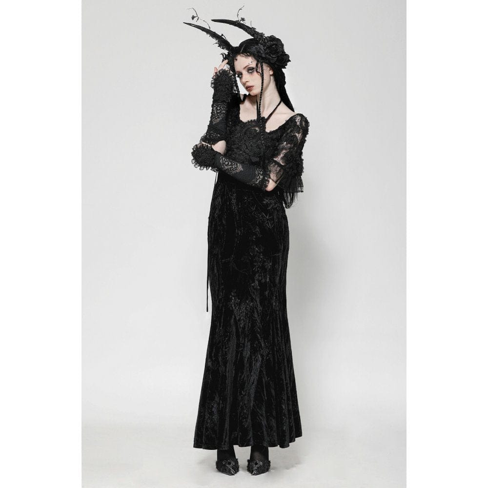 Darkinlove Women's Gothic Rose Embroidered Velvet Prom Fishtail Dress