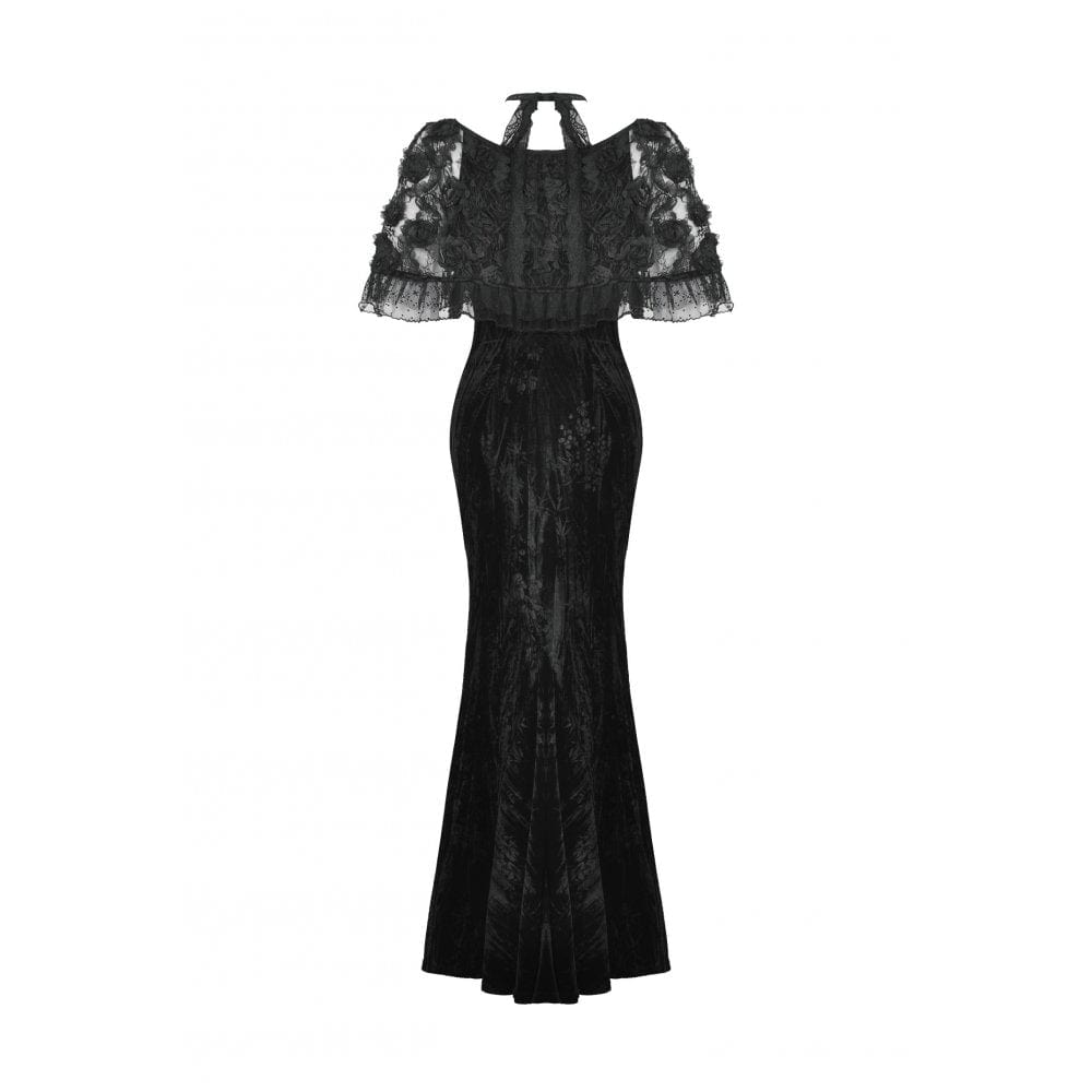 Darkinlove Women's Gothic Rose Embroidered Velvet Prom Fishtail Dress