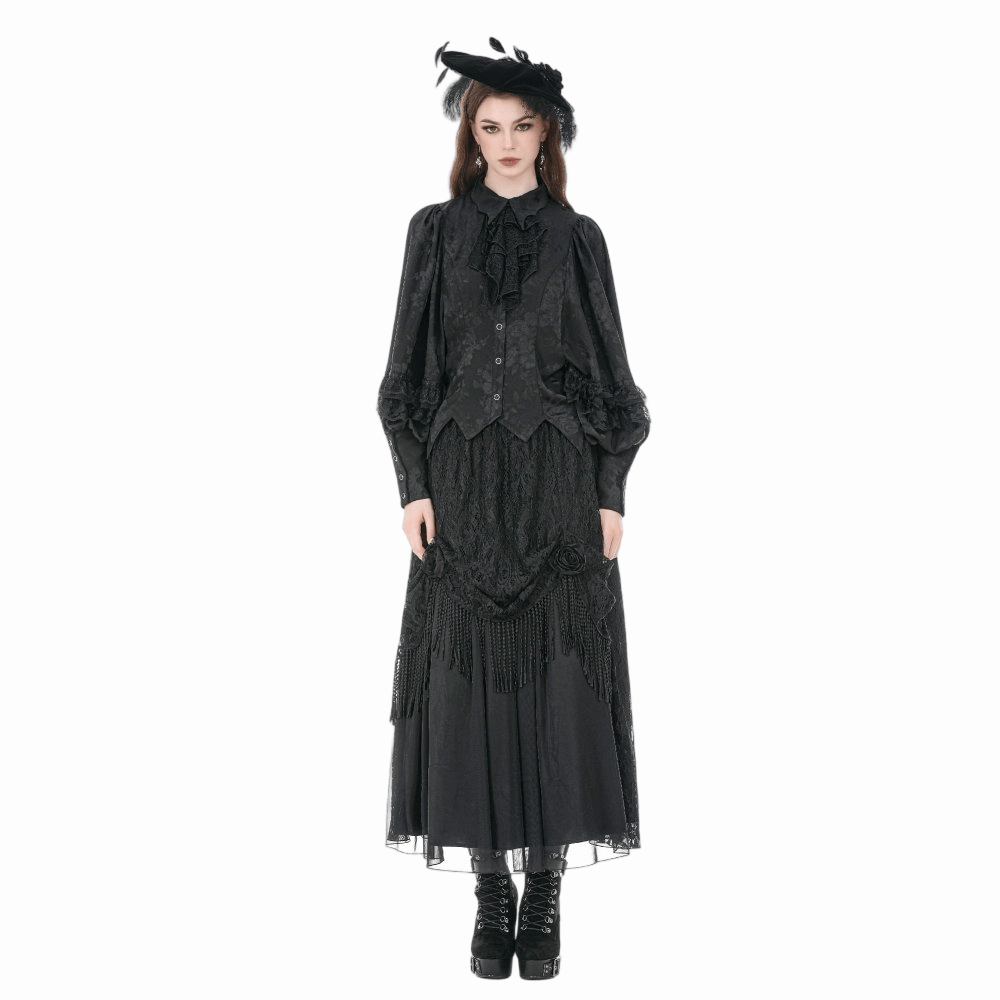 Darkinlove Women's Gothic Rose Jacquard Irregular Hem Long Sleeve Shirt with Detachable Tie