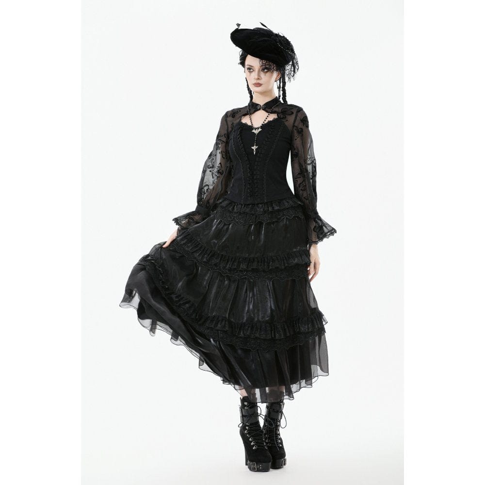 Darkinlove Women's Gothic Rose Lace Layered Long Skirt