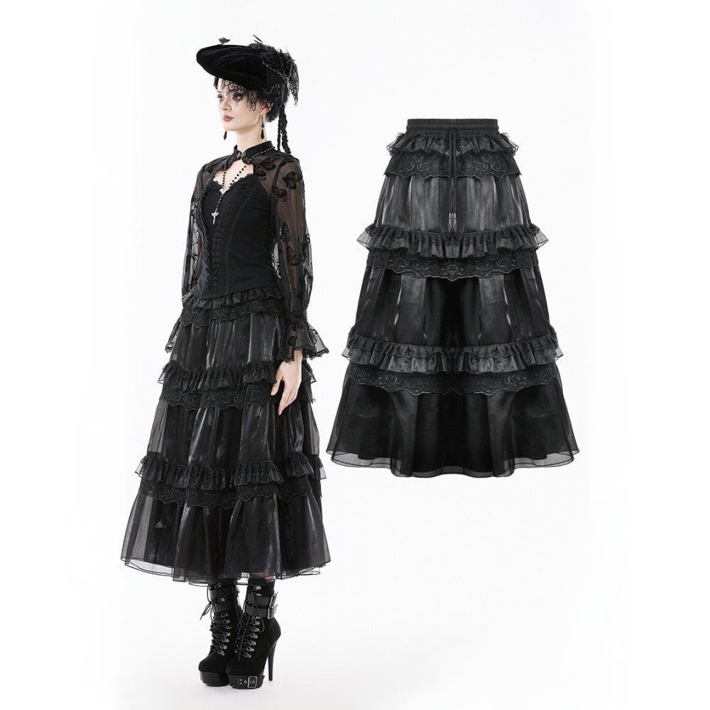 Darkinlove Women's Gothic Rose Lace Layered Long Skirt