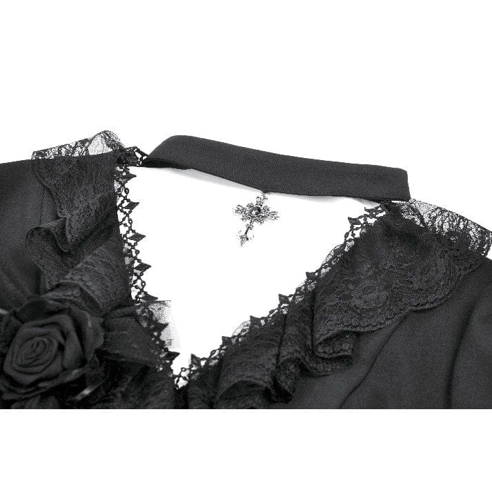 Darkinlove Women's Gothic Rose Ruffled Plunging Short Sleeved Shirt