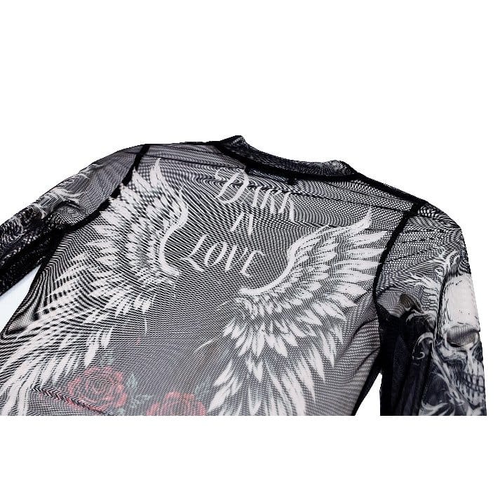 Darkinlove Women's Gothic Rose Skull Printed Mesh Sheer Long Sleeve Top