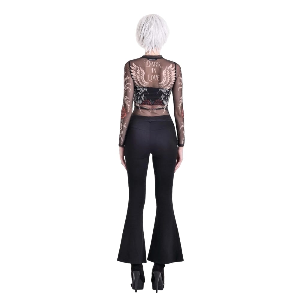 Darkinlove Women's Gothic Rose Skull Printed Mesh Sheer Long Sleeve Top