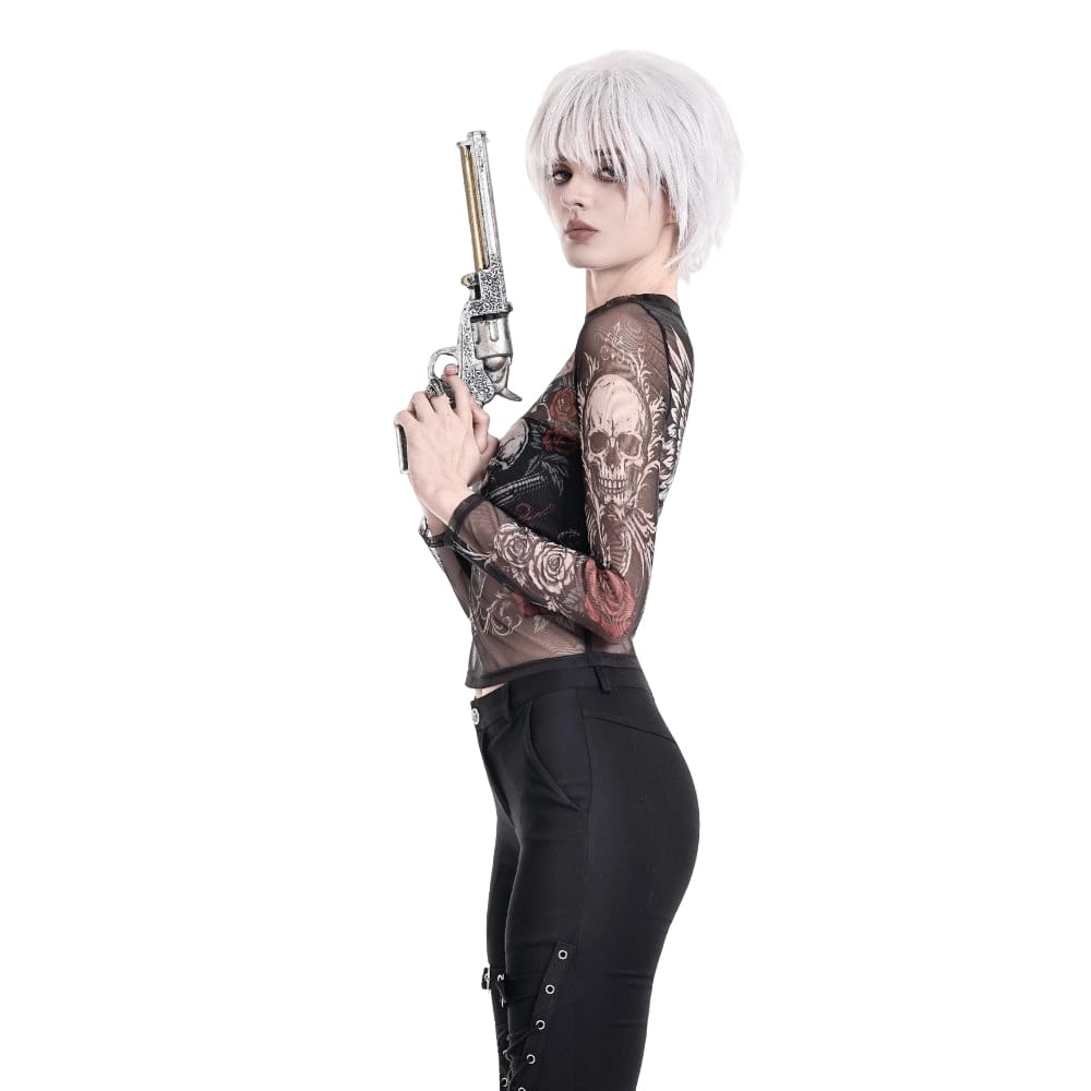 Darkinlove Women's Gothic Rose Skull Printed Mesh Sheer Long Sleeve Top