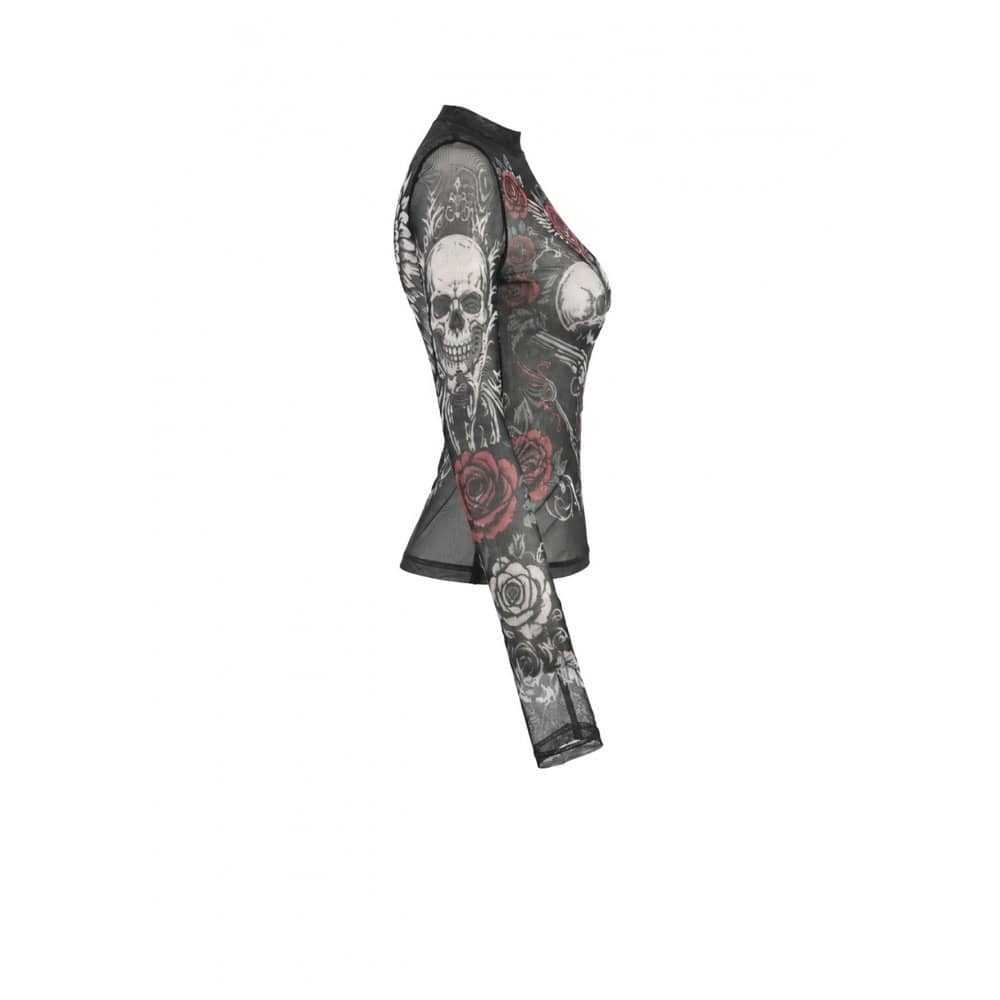Darkinlove Women's Gothic Rose Skull Printed Mesh Sheer Long Sleeve Top