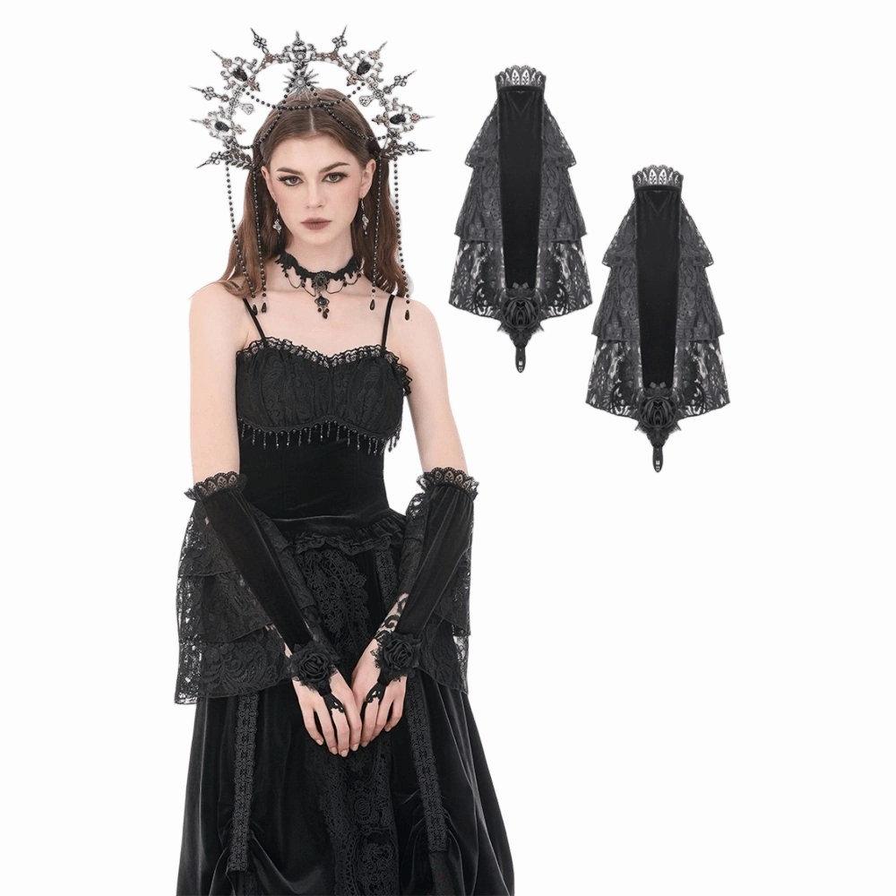 Darkinlove Women's Gothic Rose Velvet Splice Lace Flared Arm Sleeves