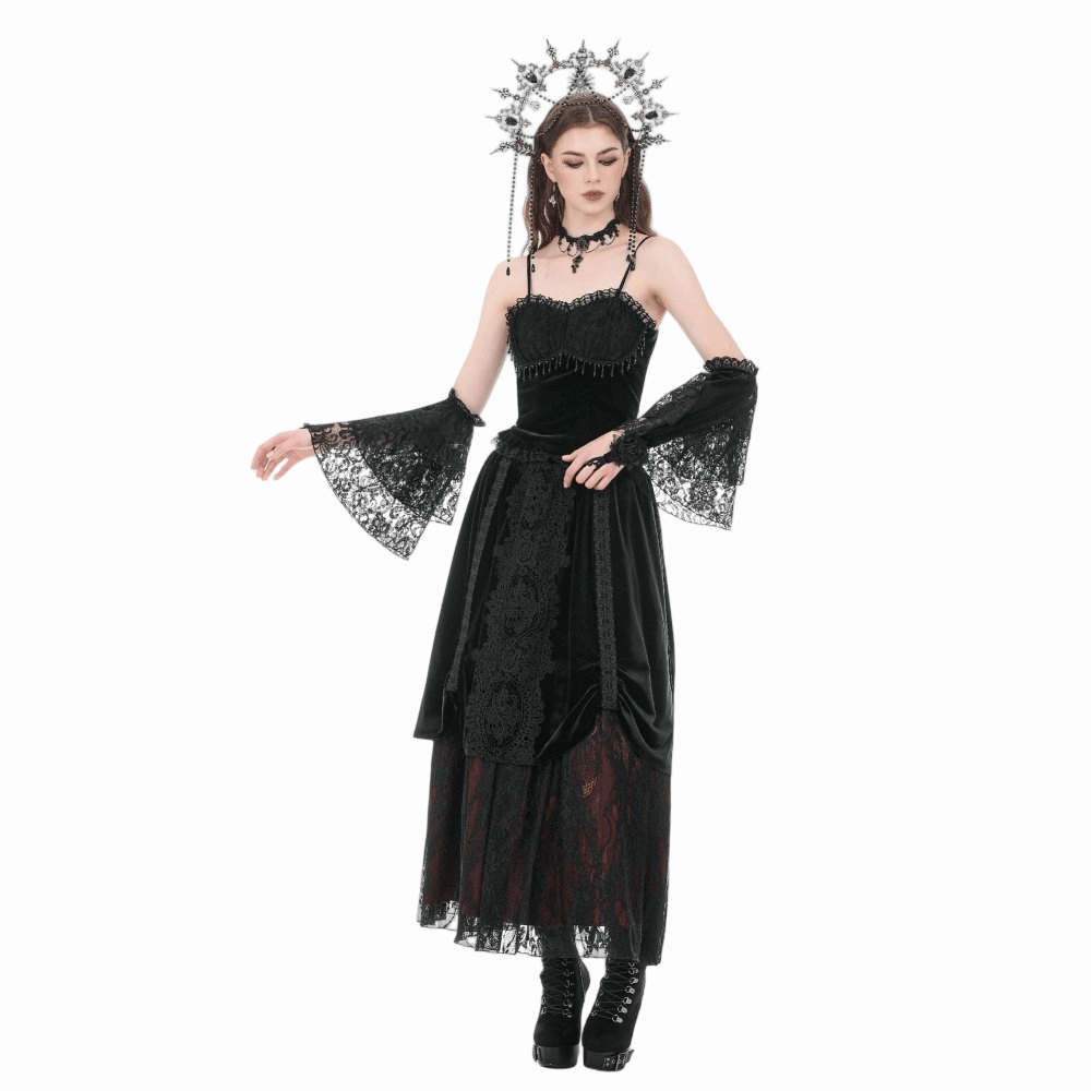 Darkinlove Women's Gothic Rose Velvet Splice Lace Flared Arm Sleeves