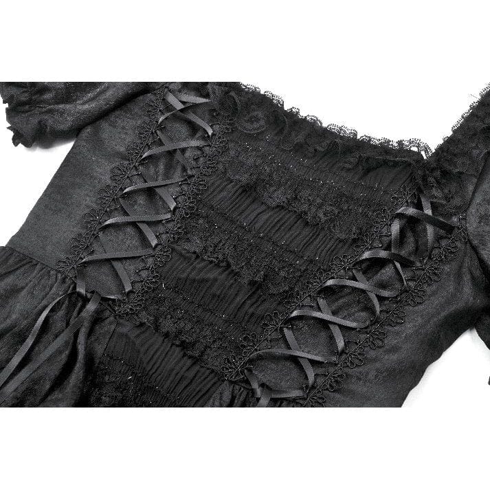 Darkinlove Women's Gothic Ruched Square-cut Collar Puff Short Sleeved Dress