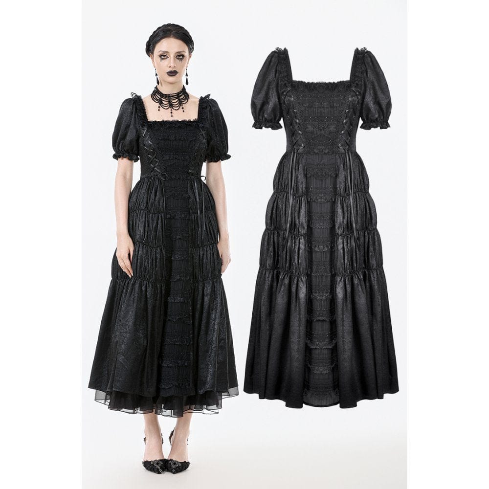 Darkinlove Women's Gothic Ruched Square-cut Collar Puff Short Sleeved Dress