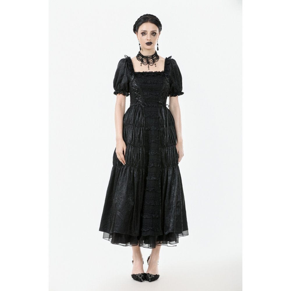 Darkinlove Women's Gothic Ruched Square-cut Collar Puff Short Sleeved Dress