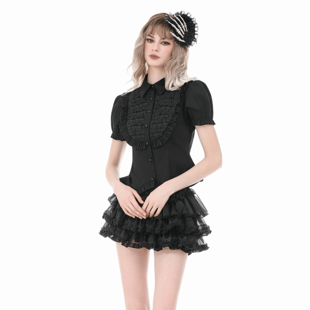 Darkinlove Women's Gothic Ruched Turn-down Collar Puff Short Sleeve Shirt