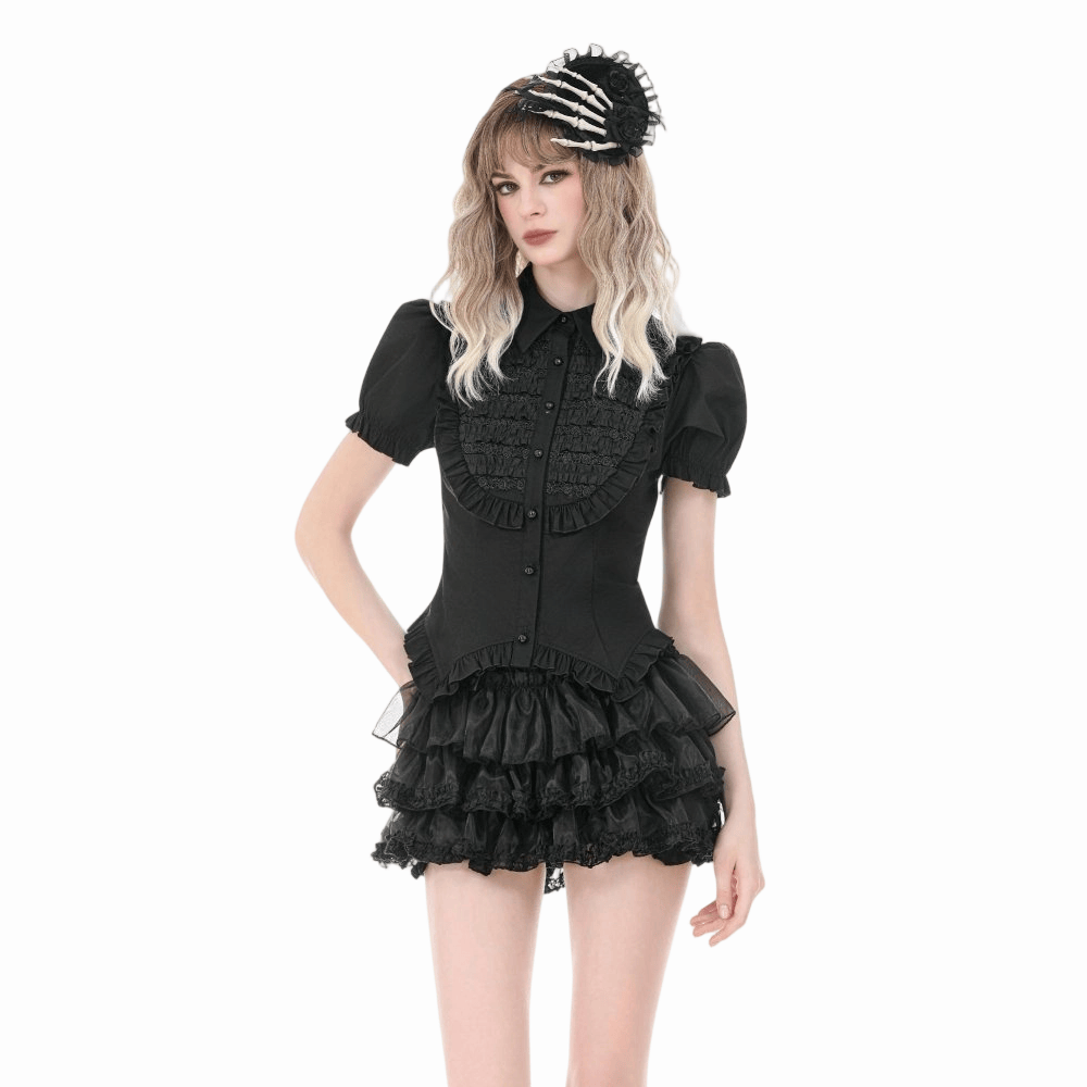 Darkinlove Women's Gothic Ruched Turn-down Collar Puff Short Sleeve Shirt