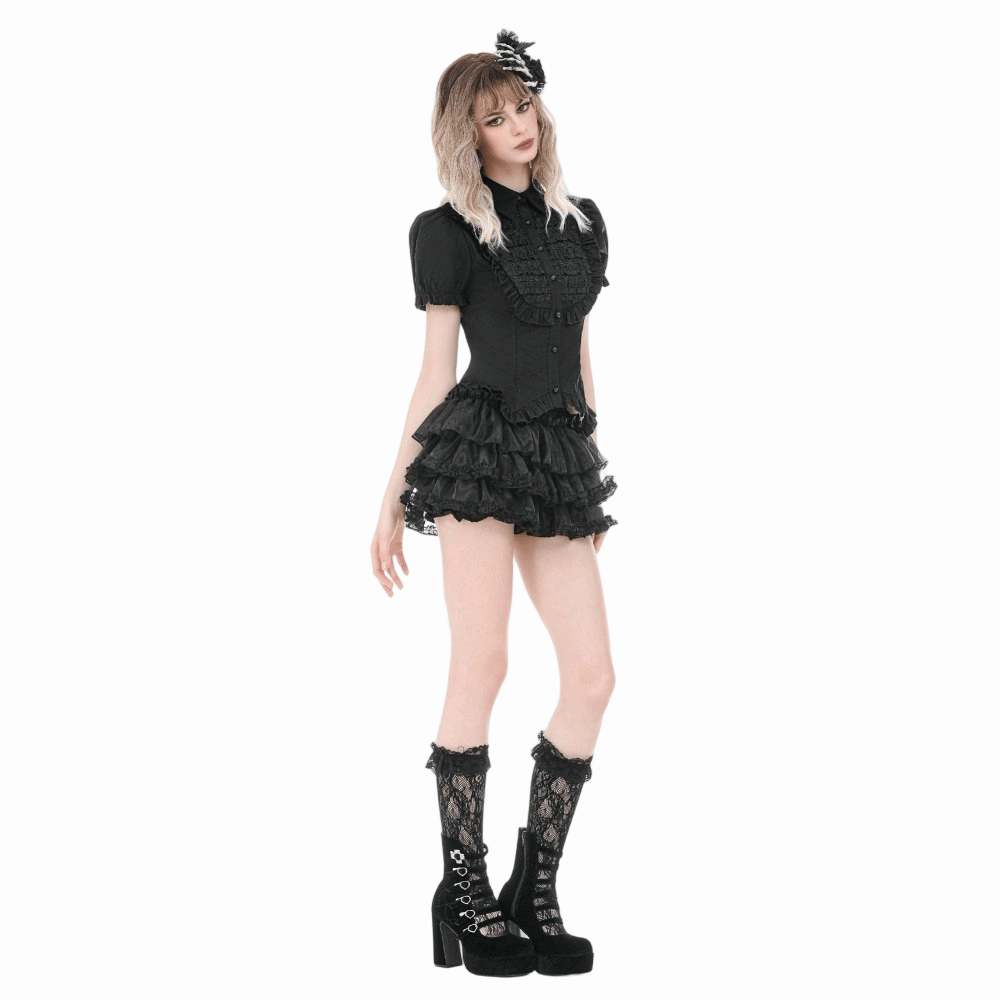 Darkinlove Women's Gothic Ruched Turn-down Collar Puff Short Sleeve Shirt