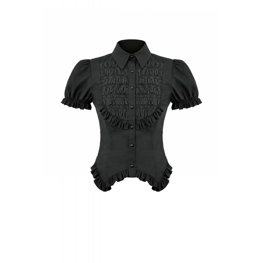 Darkinlove Women's Gothic Ruched Turn-down Collar Puff Short Sleeve Shirt