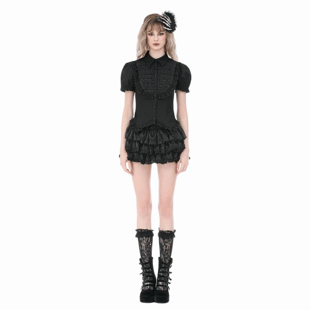 Darkinlove Women's Gothic Ruched Turn-down Collar Puff Short Sleeve Shirt