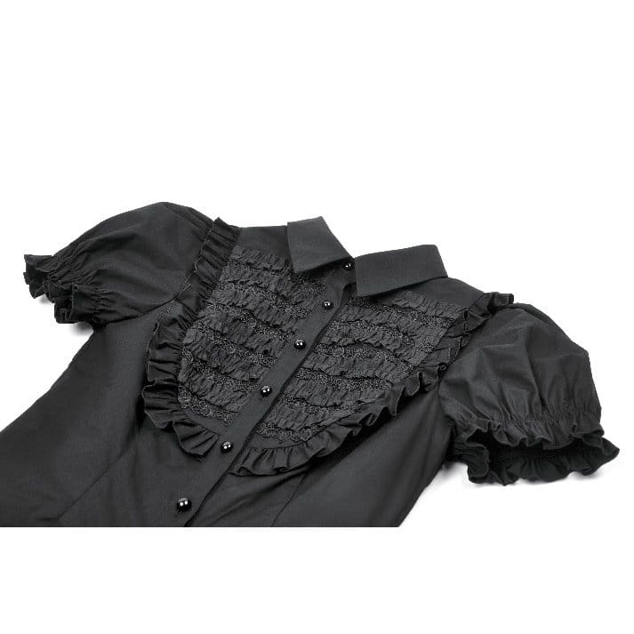 Darkinlove Women's Gothic Ruched Turn-down Collar Puff Short Sleeve Shirt