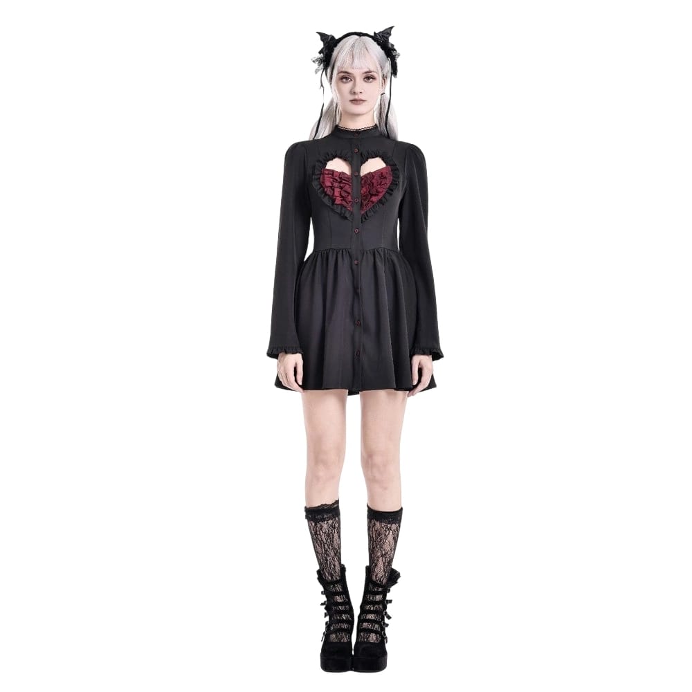 Darkinlove Women's Gothic Ruffle Cutout Heart Mock Neck Long Sleeved Short Dress