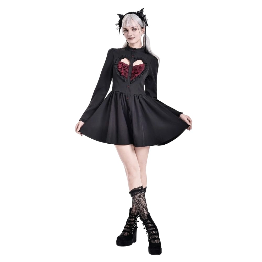 Darkinlove Women's Gothic Ruffle Cutout Heart Mock Neck Long Sleeved Short Dress