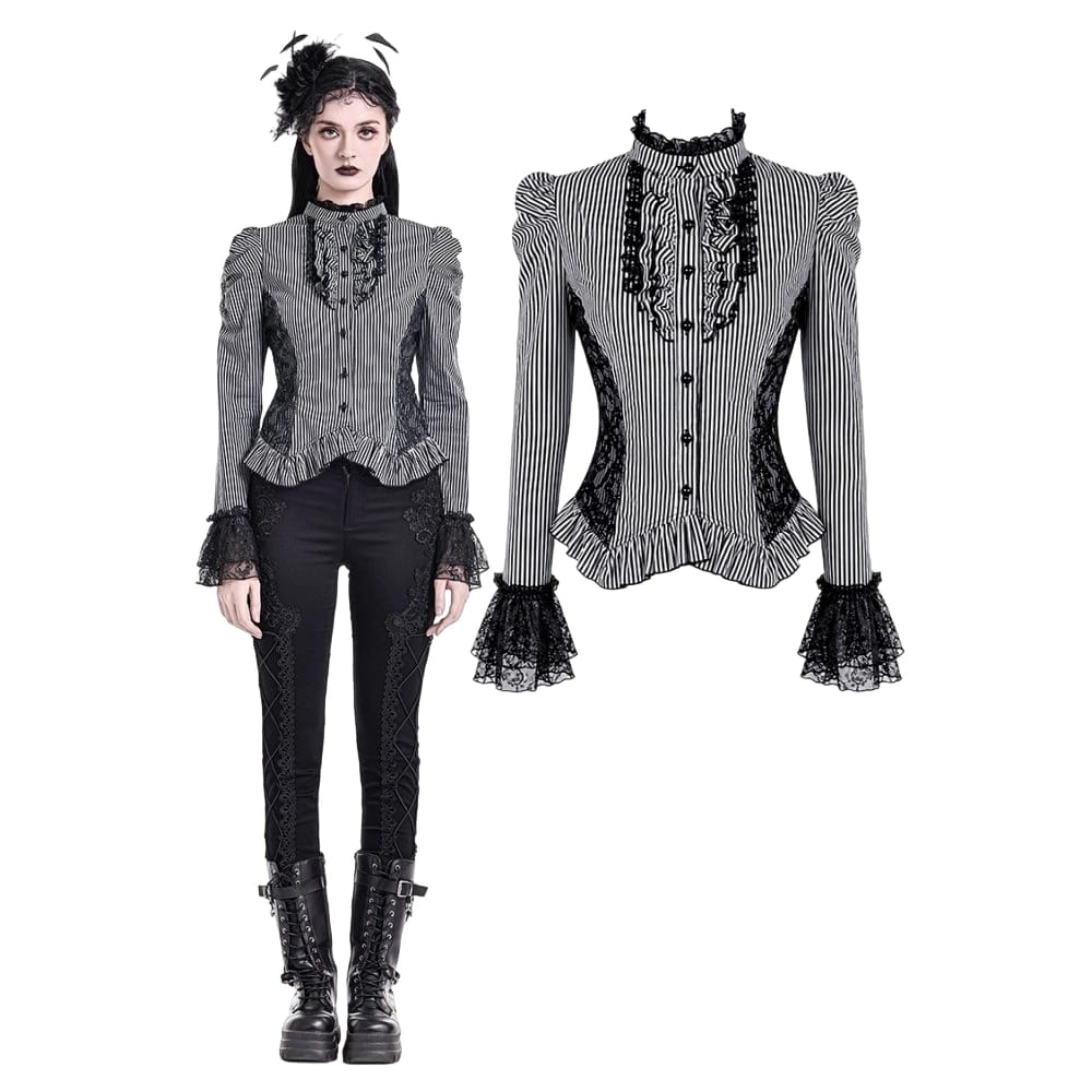 Darkinlove Women's Gothic Ruffle Lace Patchwork Pinstripe Long Sleeve Blouse