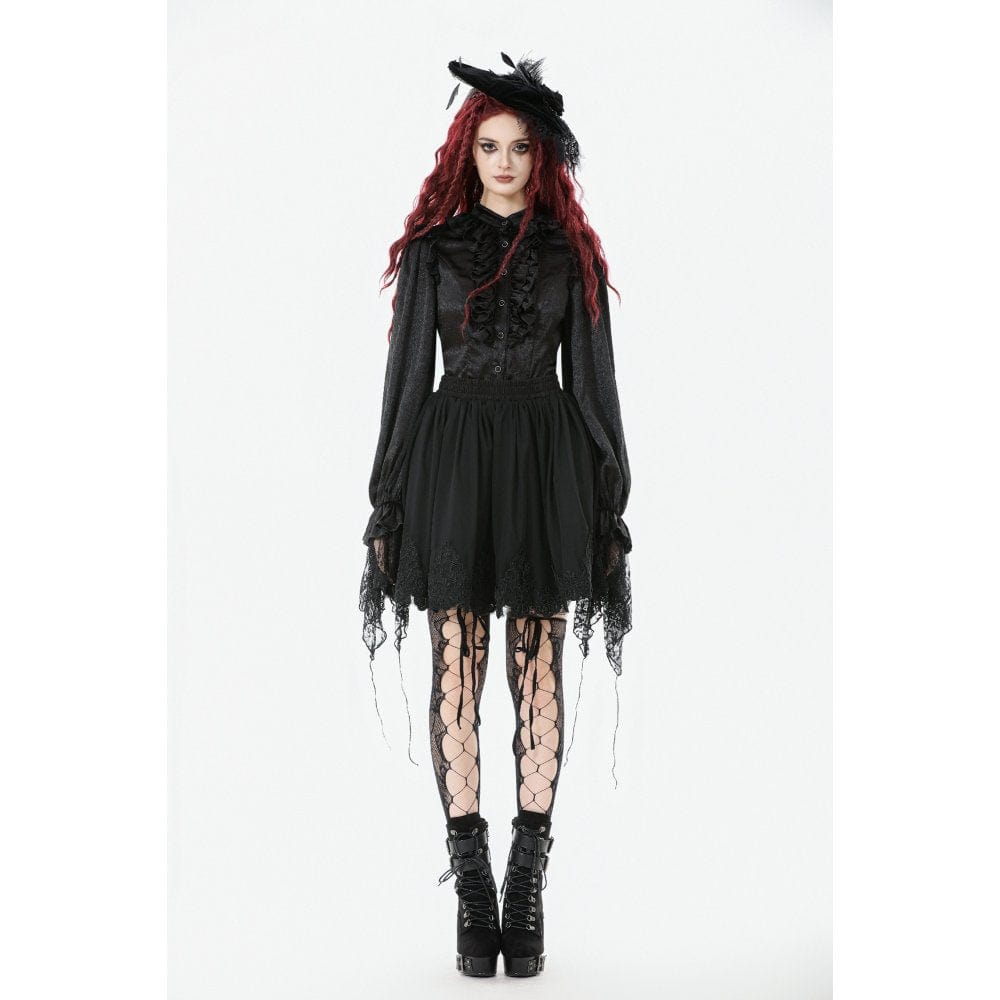 Darkinlove Women's Gothic Ruffle Lace Splice Lantern Sleeved Shirt