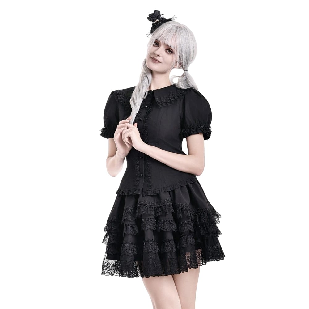 Darkinlove Women's Gothic Ruffle Peter Pan Collar Puff Short Sleeve Blouse