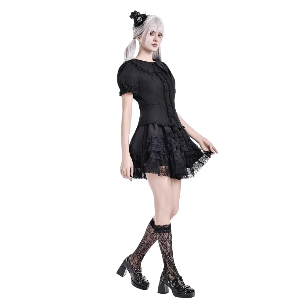 Darkinlove Women's Gothic Ruffle Peter Pan Collar Puff Short Sleeve Blouse