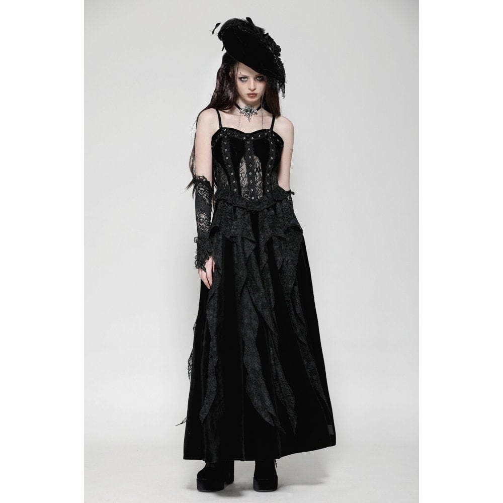 Darkinlove Women's Gothic Ruffled Lace Splice Velvet Corset Slip Dress