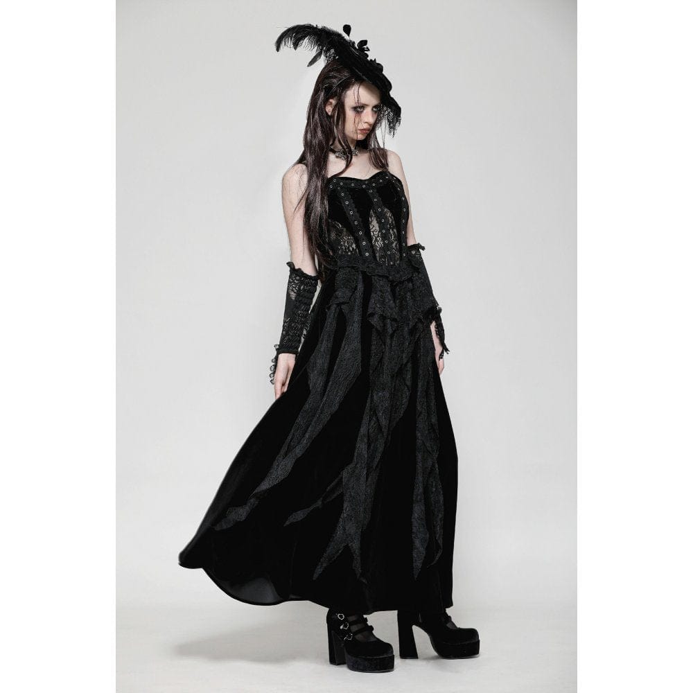 Darkinlove Women's Gothic Ruffled Lace Splice Velvet Corset Slip Dress