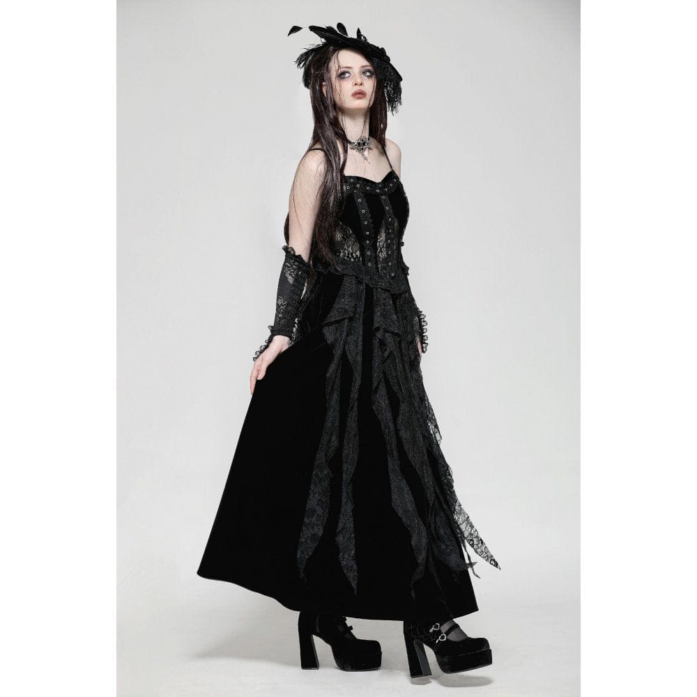 Darkinlove Women's Gothic Ruffled Lace Splice Velvet Corset Slip Dress