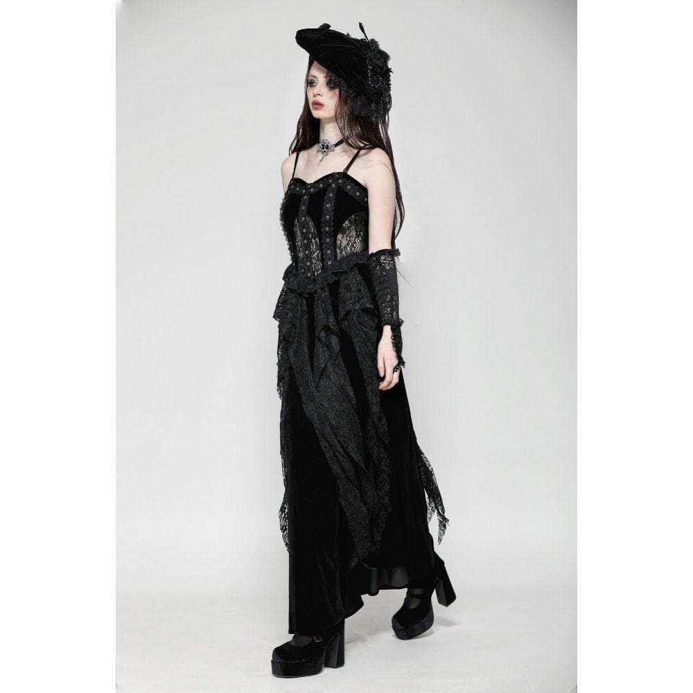 Darkinlove Women's Gothic Ruffled Lace Splice Velvet Corset Slip Dress