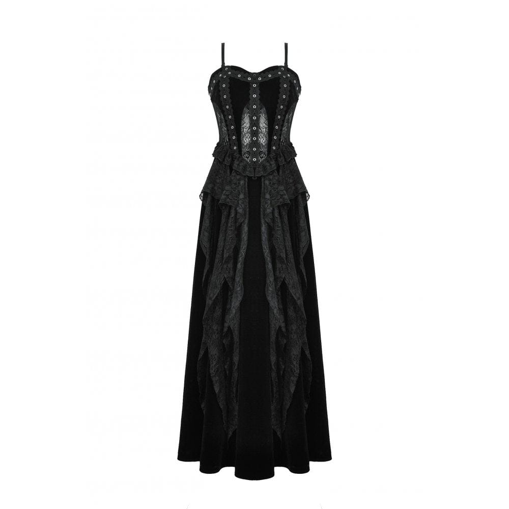 Darkinlove Women's Gothic Ruffled Lace Splice Velvet Corset Slip Dress