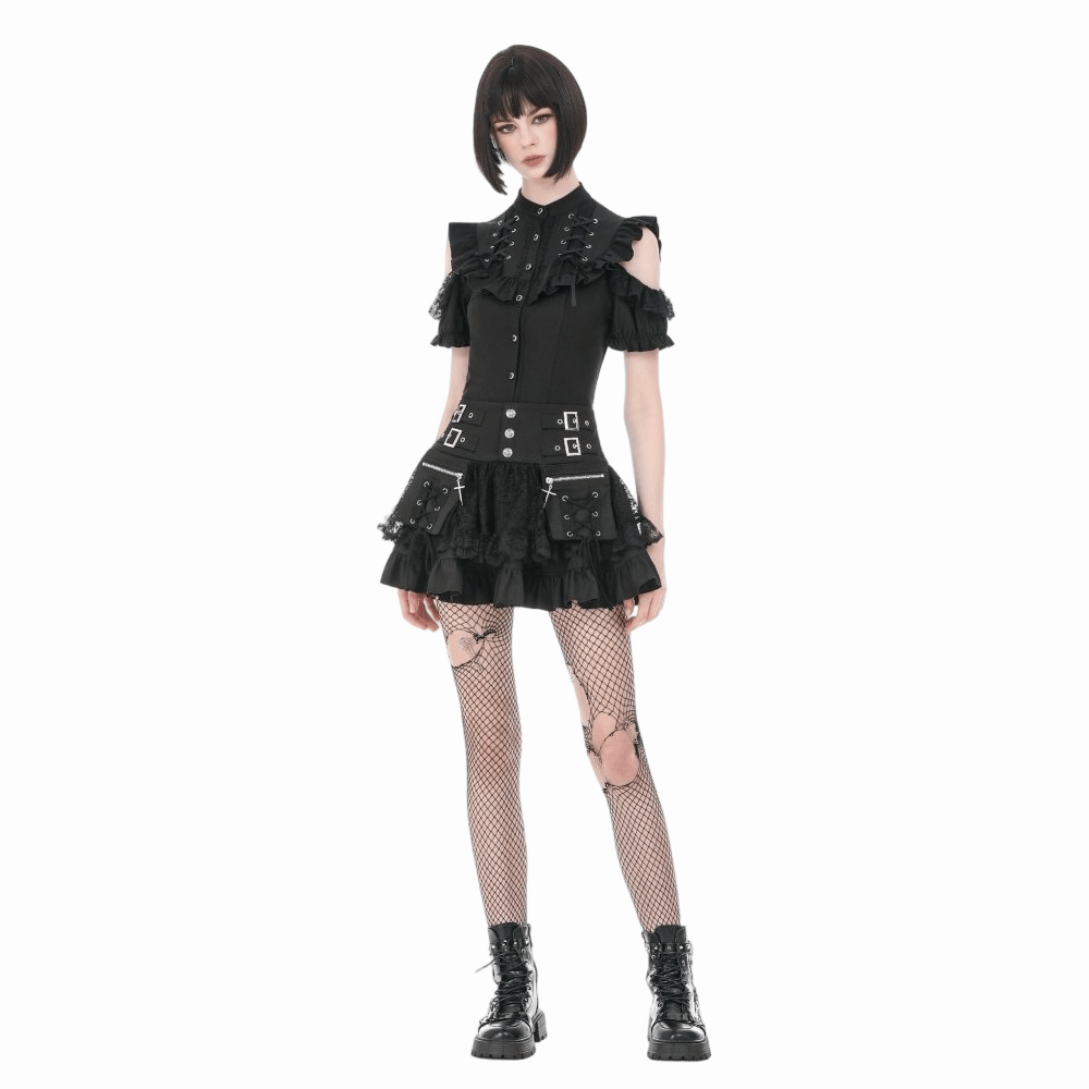 Darkinlove Women's Gothic Ruffled Lace-up Cutout Short Sleeve Shirt