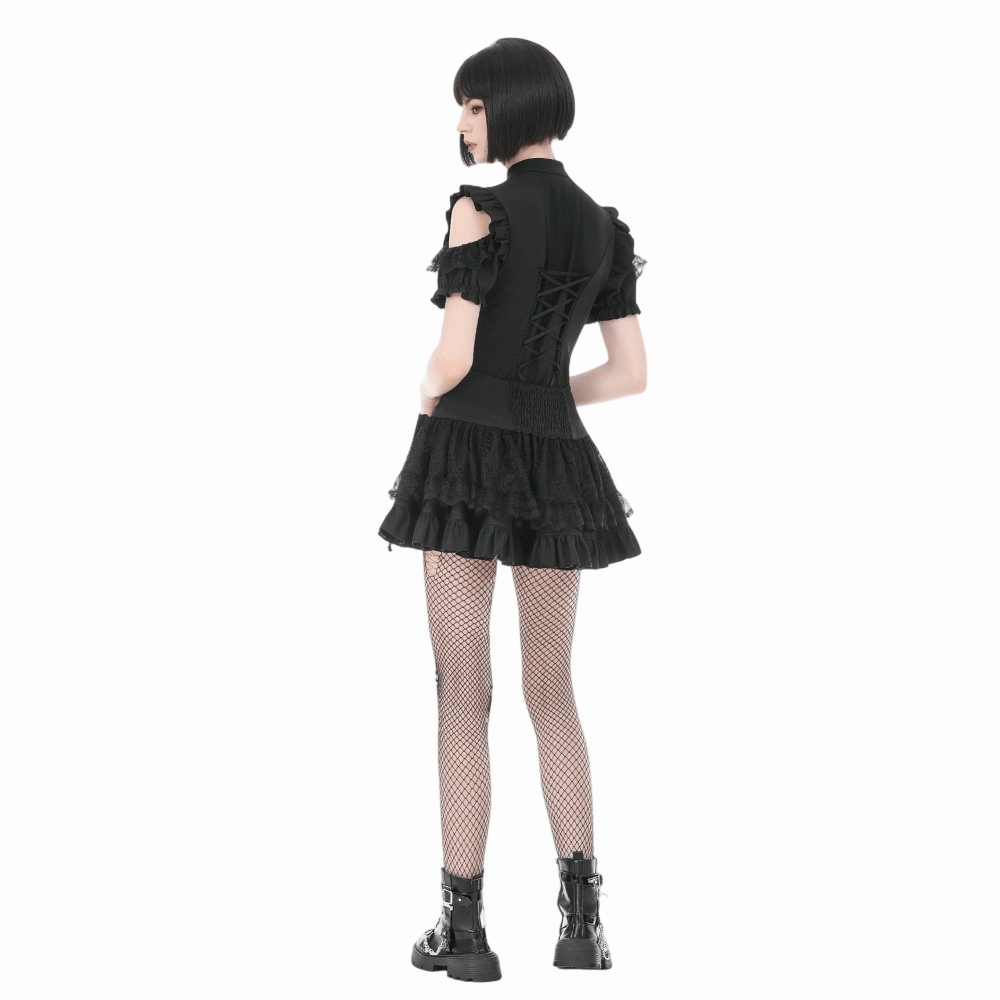Darkinlove Women's Gothic Ruffled Lace-up Cutout Short Sleeve Shirt