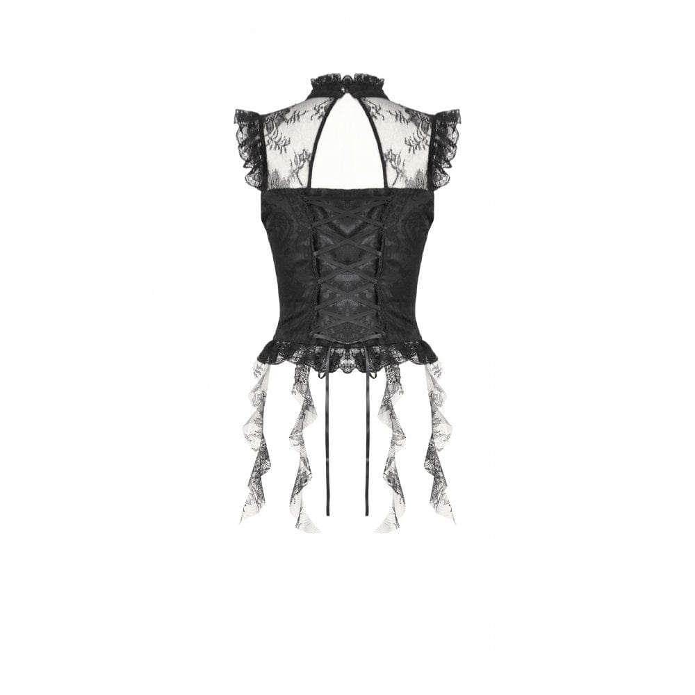 Darkinlove Women's Gothic Ruffles Bow Tie Lace Top with Tassels