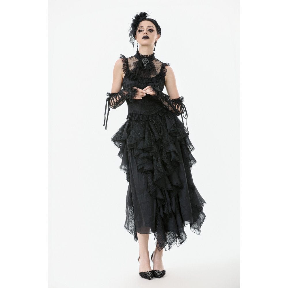 Darkinlove Women's Gothic Ruffles Bow Tie Lace Top with Tassels