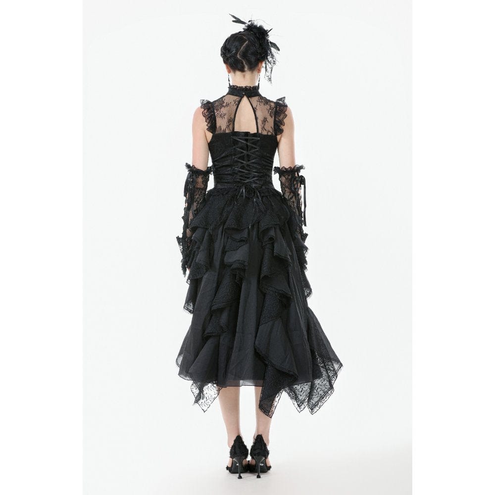 Darkinlove Women's Gothic Ruffles Bow Tie Lace Top with Tassels