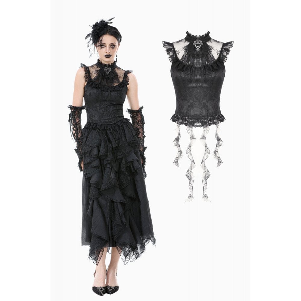 Darkinlove Women's Gothic Ruffles Bow Tie Lace Top with Tassels