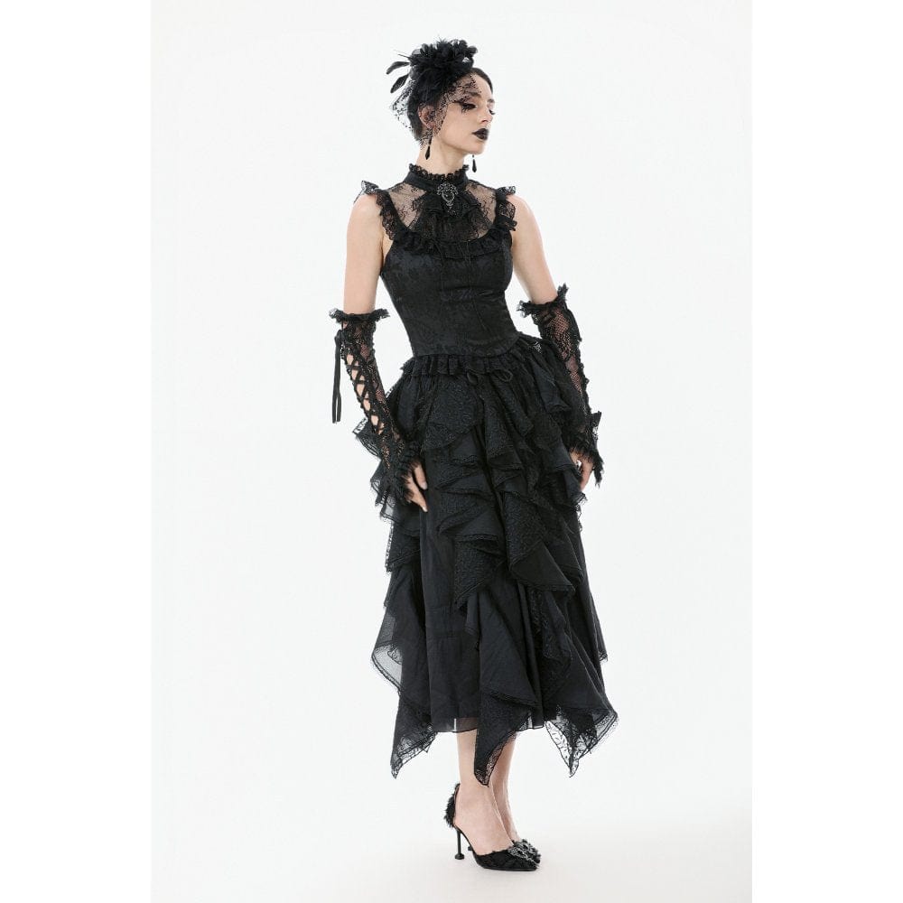 Darkinlove Women's Gothic Ruffles Bow Tie Lace Top with Tassels