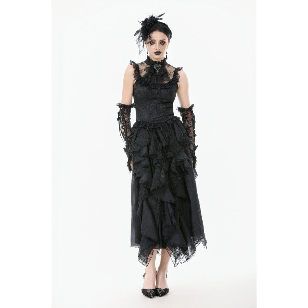 Darkinlove Women's Gothic Ruffles Bow Tie Lace Top with Tassels