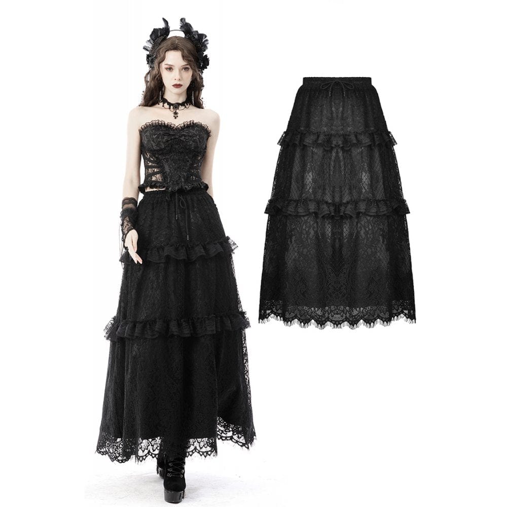 Darkinlove Women's Gothic Ruffles Lace Maxi Skirt