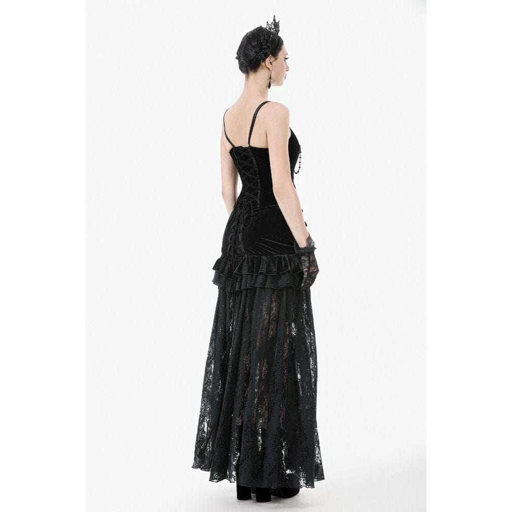 Darkinlove Women's Gothic Ruffles Velvet Sheer Lace Maxi Skirt