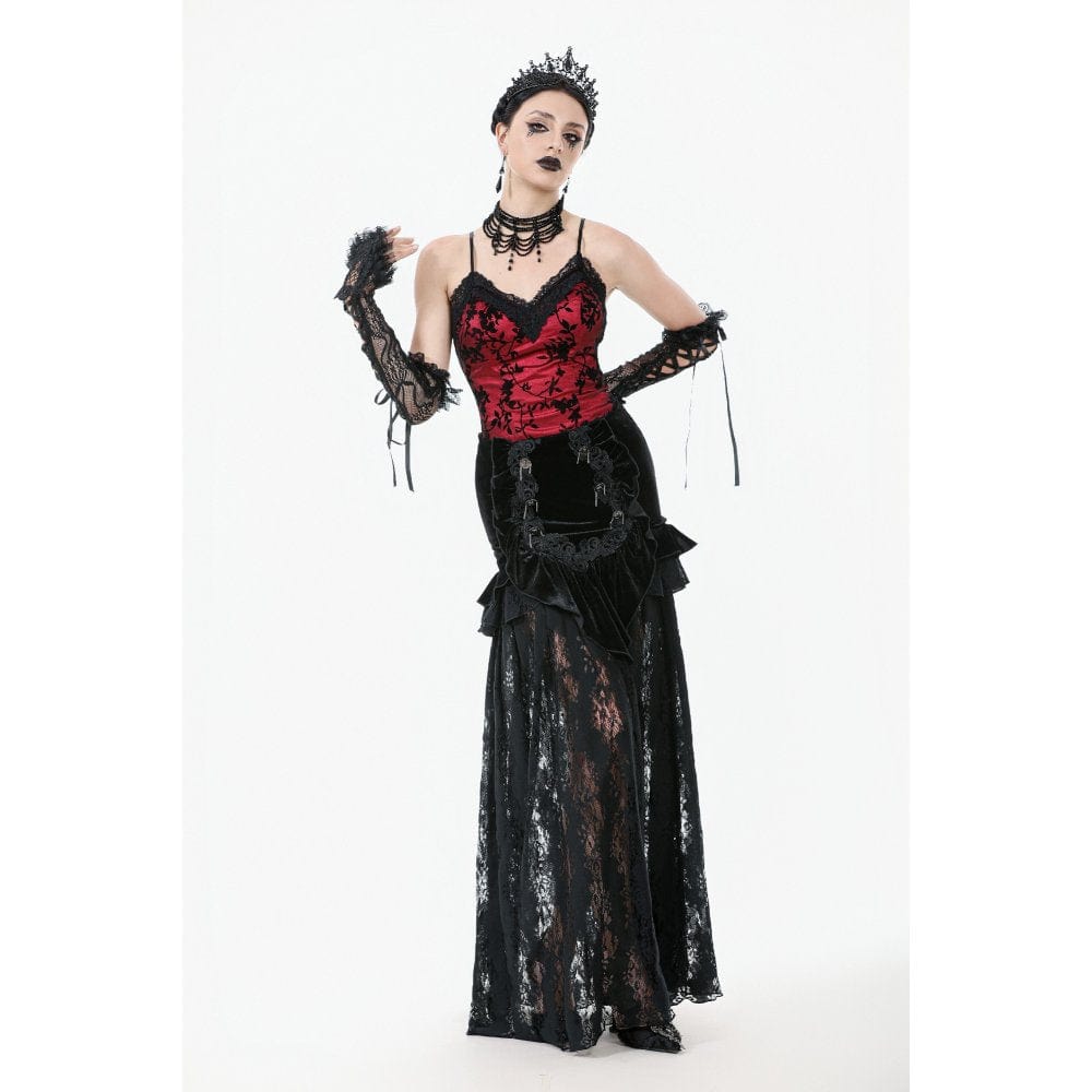 Darkinlove Women's Gothic Ruffles Velvet Sheer Lace Maxi Skirt